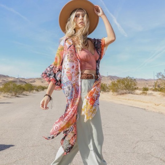 BellanBlue Tops - Bohemian Floral Patch Light Kimono Beach cover up